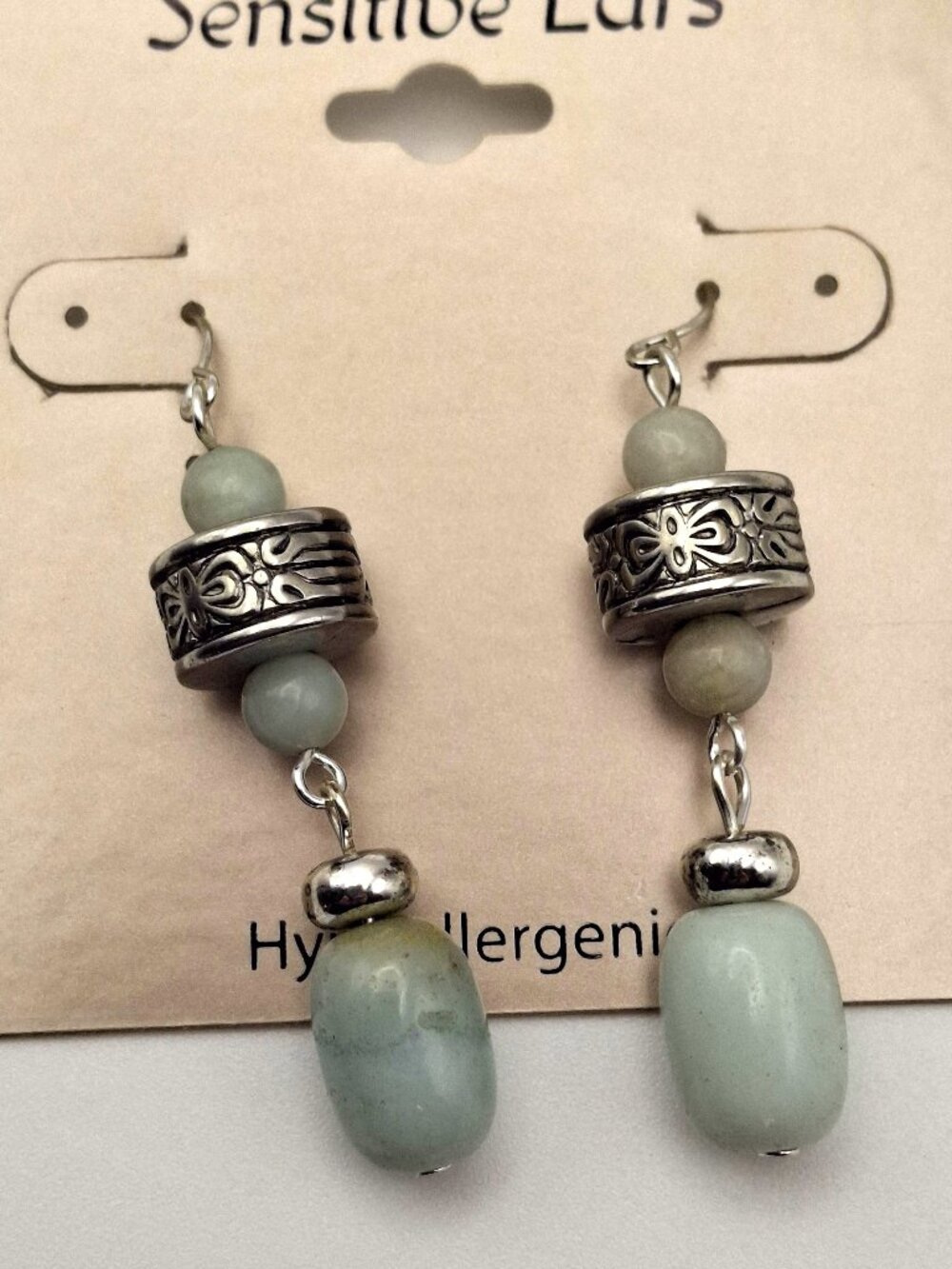 Hypoallergenic Drop Earrings Gray/Green and Silver NWT